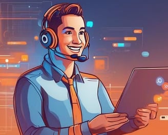 a man in a headset with a headset and a laptop