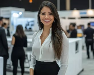 Modelo de protocolo mujer con camisa blanca y pantalón negro