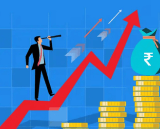 a man standing on a stack of coins and looking at a dollar sign