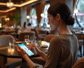 Mulher num restaurante a usar o smartphone para aceder a um serviço digital de pedidos ou reservas.