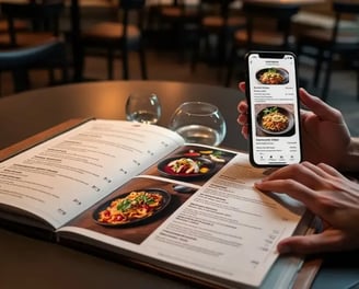 Cliente num restaurante a comparar o menu impresso com a versão digital no smartphone.