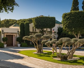 Main entrance of Villa El Rincon in Marbella, featuring a grand rotunda framed by two elegant olive trees.