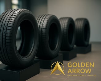 Four black car tires on display pedestals in a modern showroom with the Golden Arrow logo