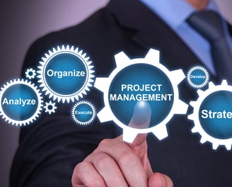 Business professional interacting with a digital interface for project management and deployment strategy