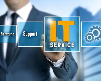 Businessman activating IT services interface with icons for support, infrastructure, and optimization