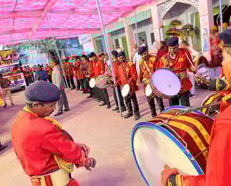 The crew of Manohar Brass Band playing music at a Gangaur show in Bijainagar, Ajmer.