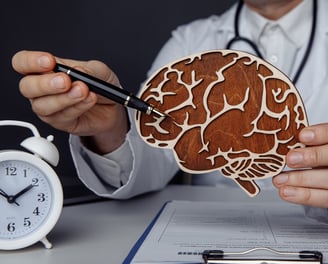 Una persona señalando a un cerebro de madera