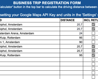 Business Trip Registration Form with instructions for distance calculation and API key setup