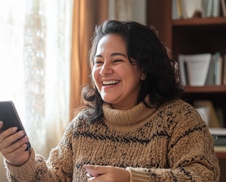 Mujer emprendedora sonriente revisa su celular, representa conexión, motivación, y trabajo independiente en casa.