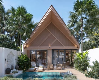 Villa Oraya’s inviting pool and modern façade, designed for luxurious indoor-outdoor living in Bali
