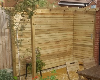 secret gate, corner pergola, privacy screens, lessen the wind impact