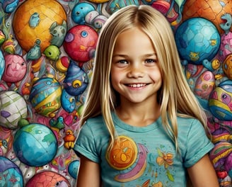 Portrait photo transformed into a comic painting of  a young girl with blonde hair and a blue shirt