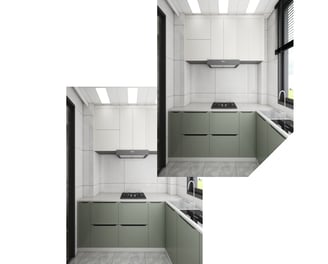 una cocina de color verde con materiales de recubrimiento en polvo