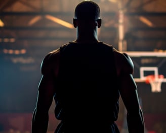 a man standing in a basketball court with a basketball ball
