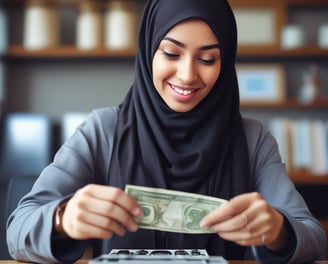 A woman with a smile stands confidently against a modern white and blue background. She is wearing a bright red hijab and a blue blazer, accessorized with a red handbag and white sunglasses resting on her head.