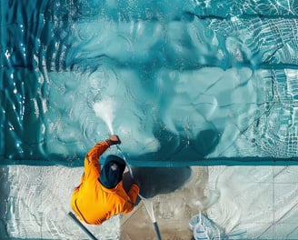 Vertical view of a luxurious, crystal-clear swimming pool with elegant tile edges