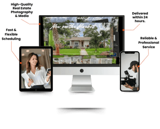 Real estate media services graphic showing fast scheduling, HDR photography, and 24-hour delivery on all devices