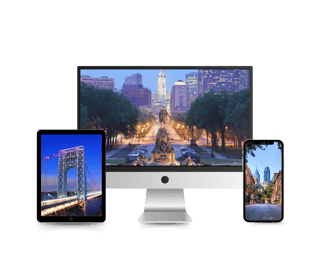 Screens displaying iconic Philadelphia and New Jersey locations, emphasizing local real estate photo