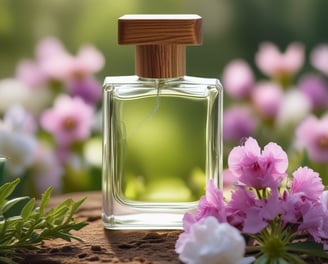 A clear glass perfume bottle with an orange-colored liquid inside is topped with a sleek silver cap and decorated with a delicate dark ribbon. The background is adorned with soft pink and white drapery, enhancing the luxurious and elegant feel.