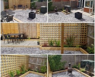 garden after transformation, trellises, sandstone paving, slate, sleepers