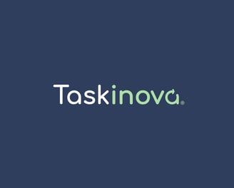 Taskinova logo with modern, rounded typography in white and soft green on a dark blue background.