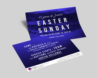 Jubilee Community Church Easter Sunday flyer with a blue water-themed design.
