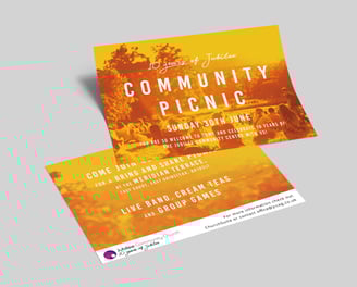 Jubilee Community Church Community Picnic flyer with a warm yellow and orange theme.