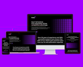 Responsive website mockup for Time Consulting Group displayed on various devices.