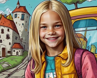 Portrait photo transformed into a comic painting of a young girl with blonde hair and a yellow vest
