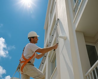 Profissional pintando fachada de prédio comercial com rolo, em escada e usando cinto de segurança