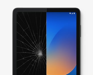 Tablet with cracked screen next to repaired version