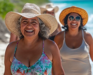 Tres mujeres mayores caminando en la playa con ropa de verano y sombreros 