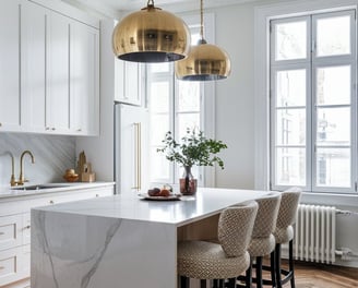 a kitchen with a marbled counter top and a large marbled counter top