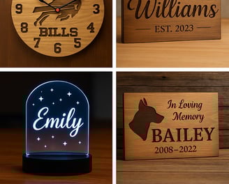 a collection of personalized wooden signs for a family