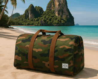 Herschel Duffle in camo sitting on a Thai beach with turquoise waters in the background.