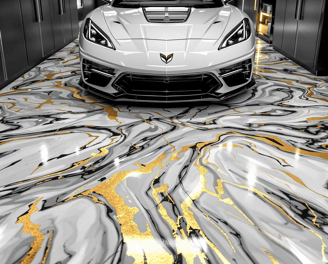 Gold, black, and white metallic epoxy coating in a garage with a corvette