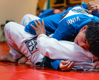 Photo d'un sparring avec deux combattants dont l'un est en position montée