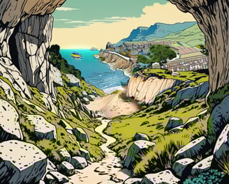 Paysage imaginaire, décor de la conteuse Jo Daltea. Un chemin va jusqu'à une crique, un village