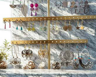 a display of earrings and earrings on a marble counter top