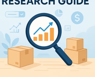 Amazon FBA product research with laptop and charts.