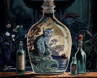 a bottle of alcohol with a cat in a bottle, fantasy, japanese style