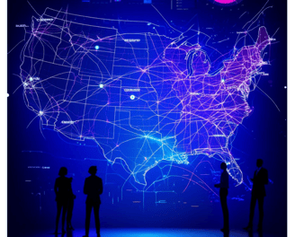 professionals analyzing a data-rich digital map of the United States