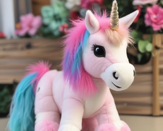 A colorful cake decorated with a fondant rainbow and clouds, topped with a unicorn figurine, surrounded by vibrant blue and pink balloons. The cake features stars and is placed on a table with a dark cloth and red petals.