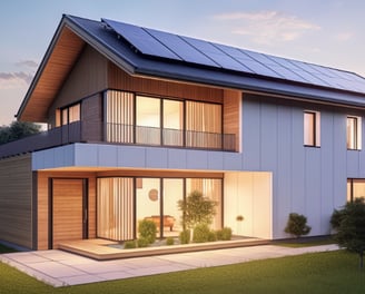 A mock up of a passive house with solar panels on the roof.