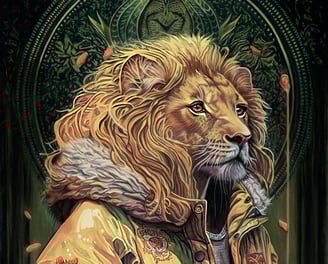 a lion with a yellow jacket and esoteric symbols in the background