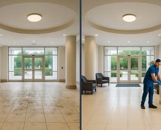 Before and after view of downtown Louisville office lobby cleaned by NexaPro