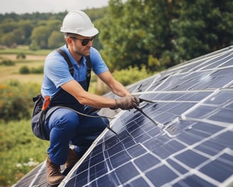 A clear blue sky above a row of solar panels installed at an angle. The panels are composed of a grid of cells, suggesting they are used for capturing solar energy.