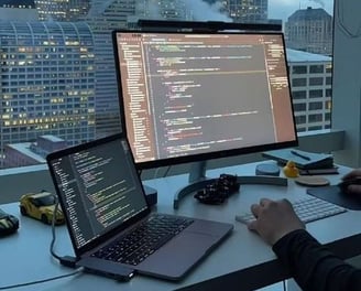 a man sitting at a desk with a laptop and a laptop