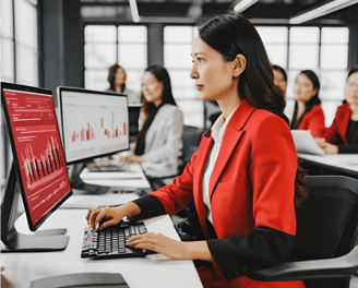 a woman in a red suit is sitting at a desk with a computer monitor us AI Tools