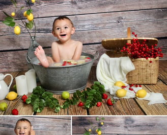 Séance photo bain de lait enfant, enfant dans une baignoire en étain avec des citrons